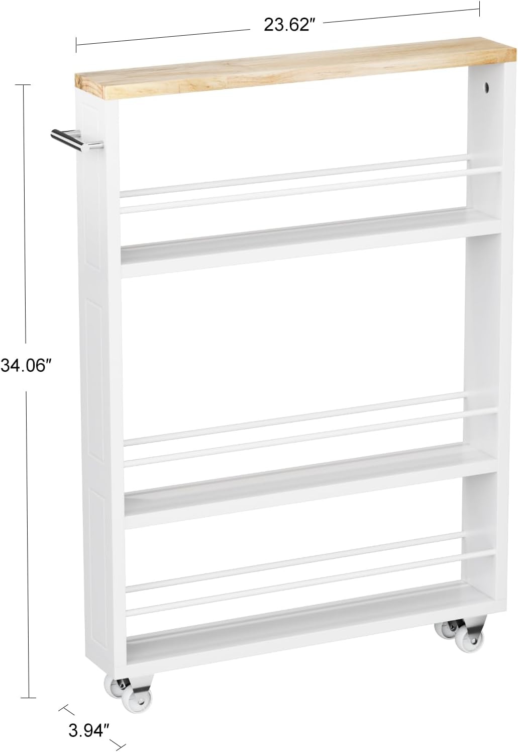 4-Tier Slim Rolling Cart Handle White Narrow Space