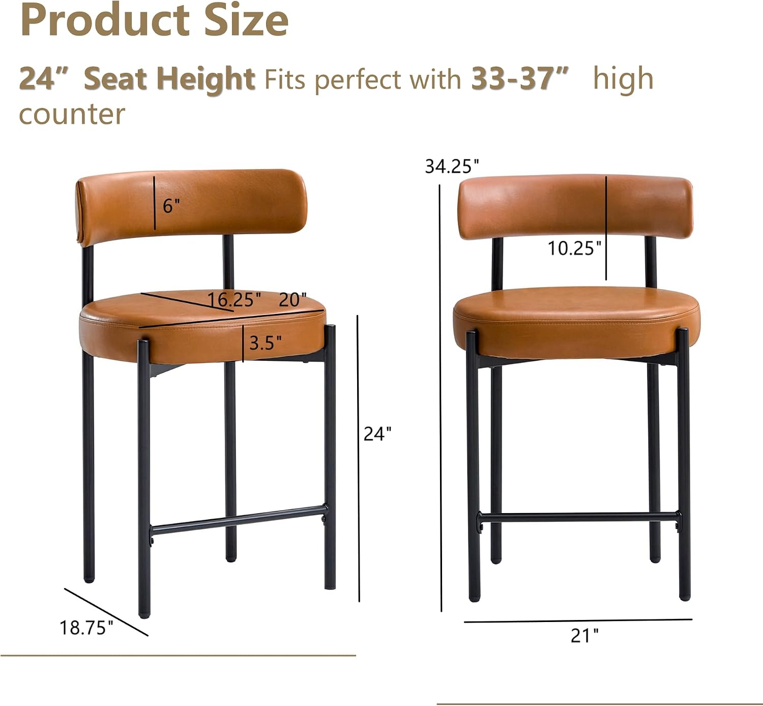 Brown Vegan Leather Bar Stools With Backs Set 3