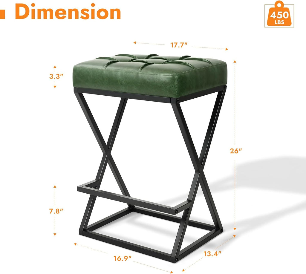 Green Backless Bar Stools X Frame Metal Legs Set 2