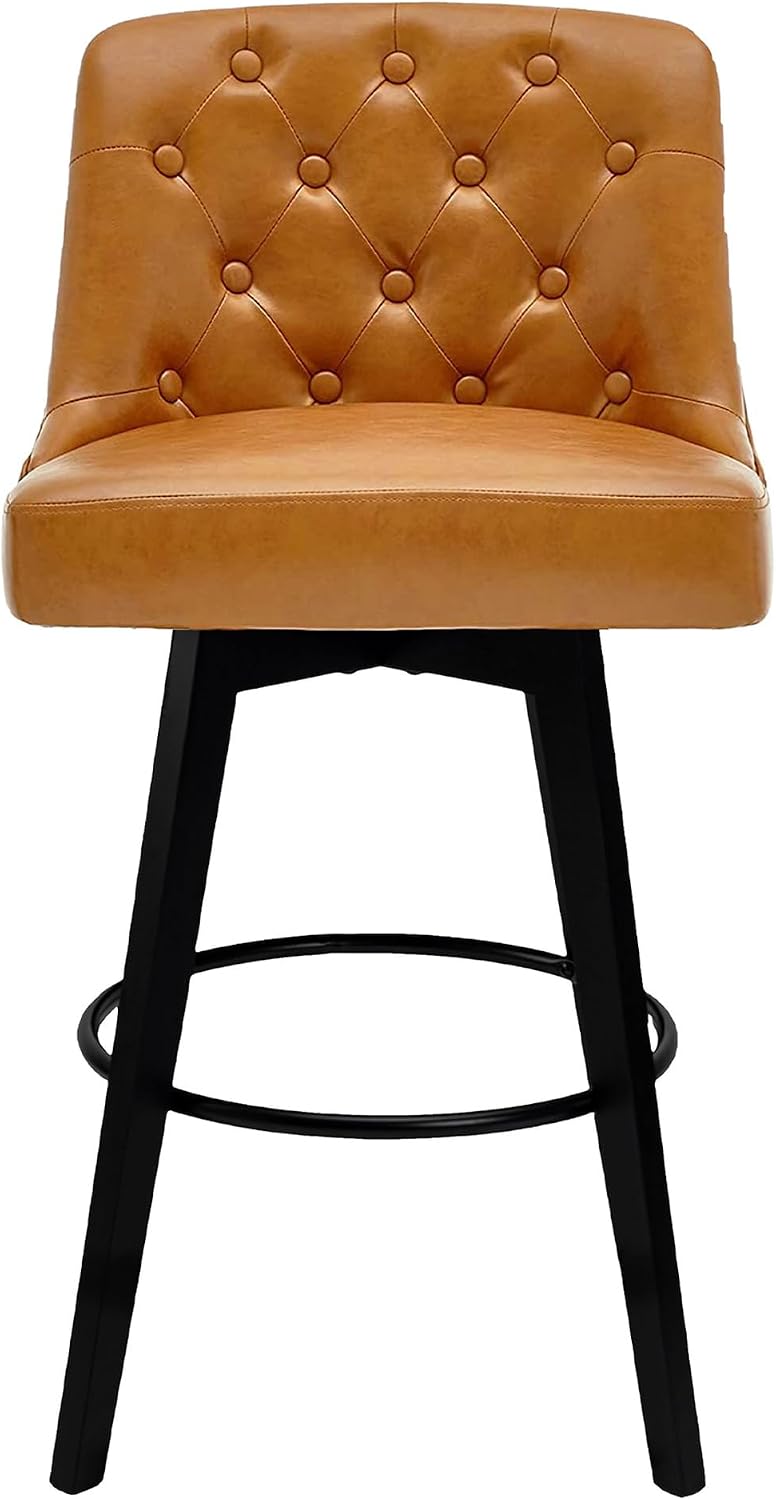 Brown Tufted Swivel Bar Stools Wood Legs Set 2