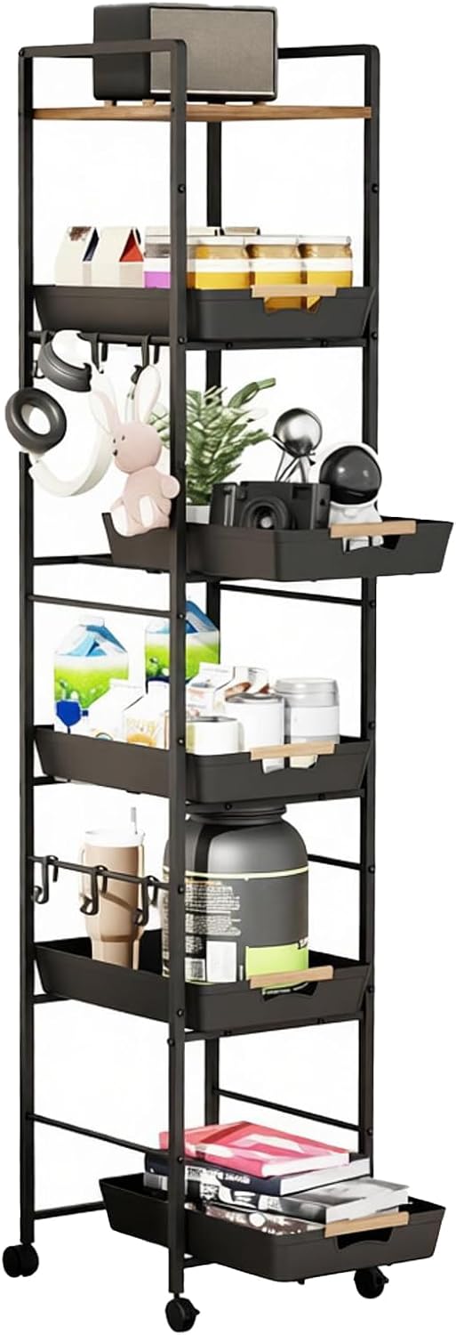 6-Tier Wood Top Cart Pull Out Baskets Black