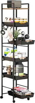6-Tier Wood Top Cart Pull Out Baskets Black