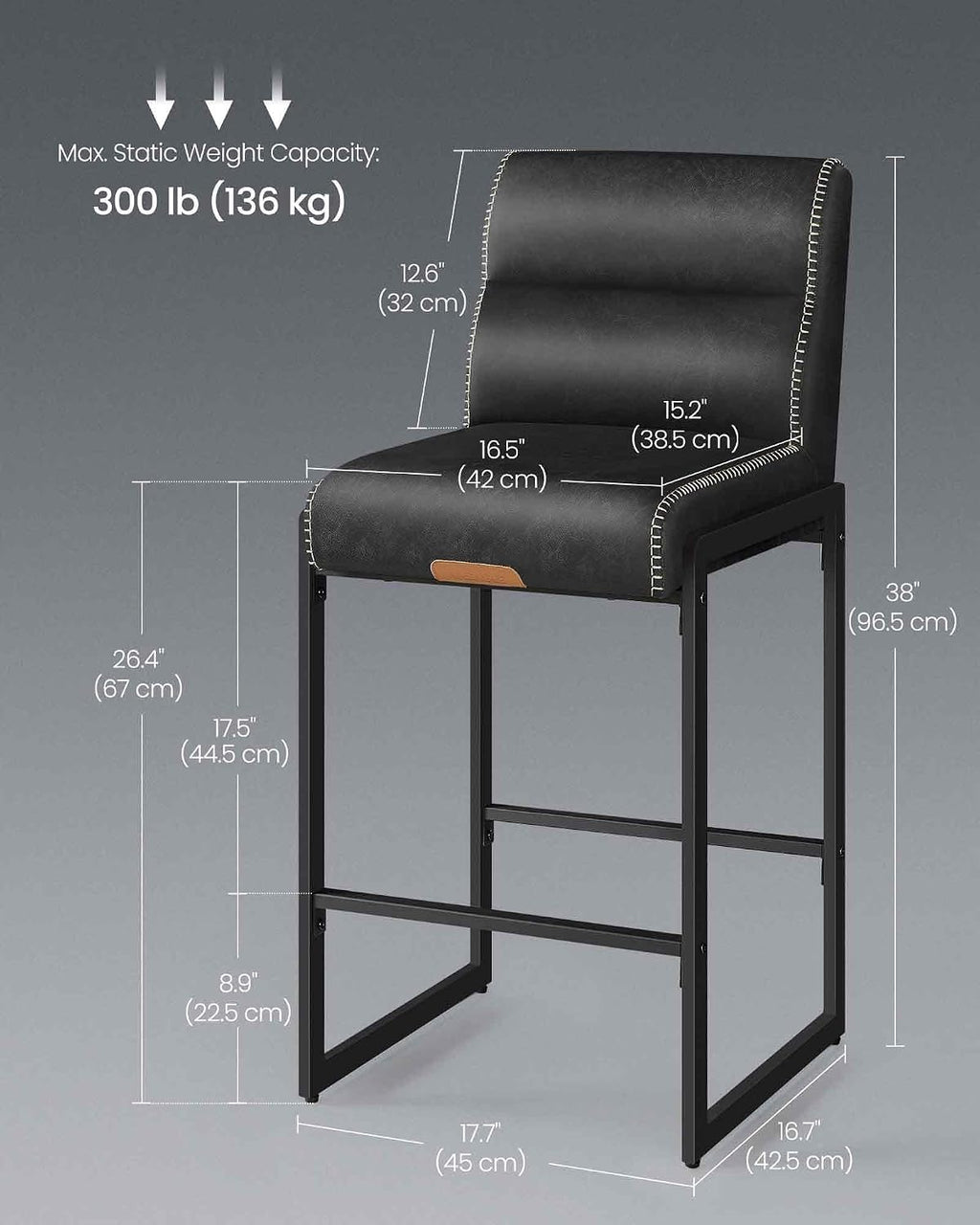 Black Stitched Leather Bar Stools Mid Century Set 2