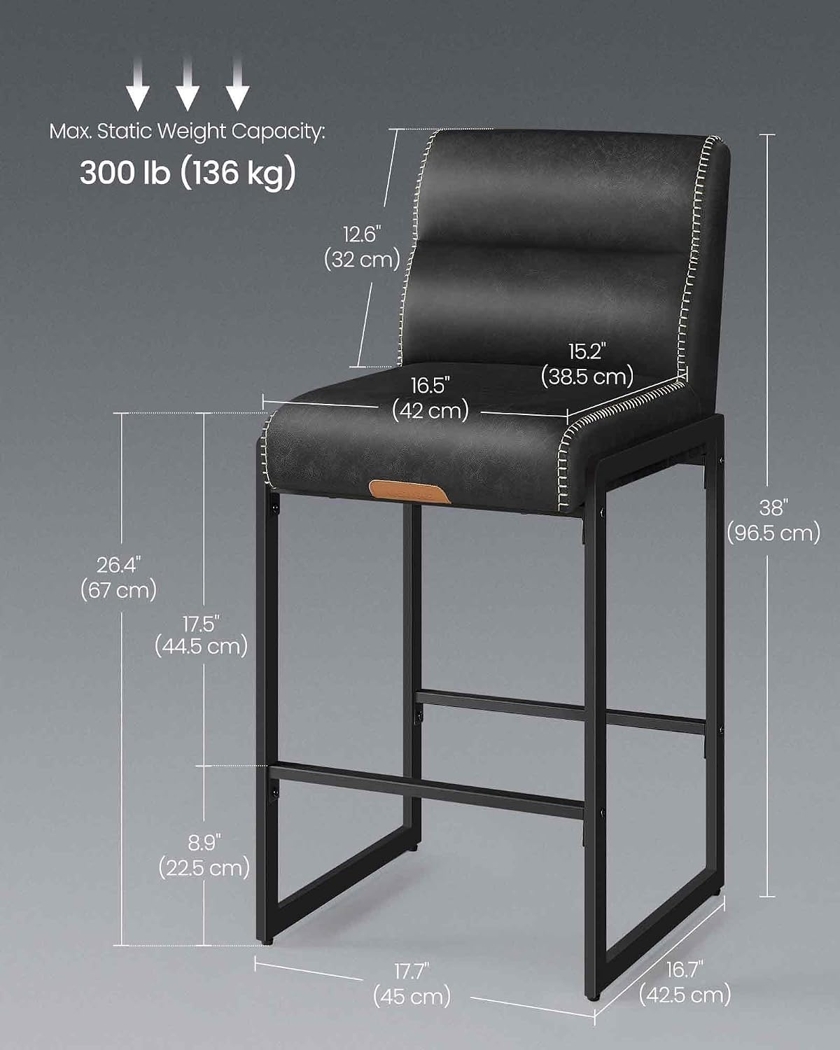 Black Stitched Leather Bar Stools Mid Century Set 2