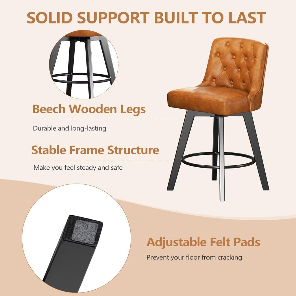 Brown Tufted Swivel Bar Stools Wood Legs Set 2