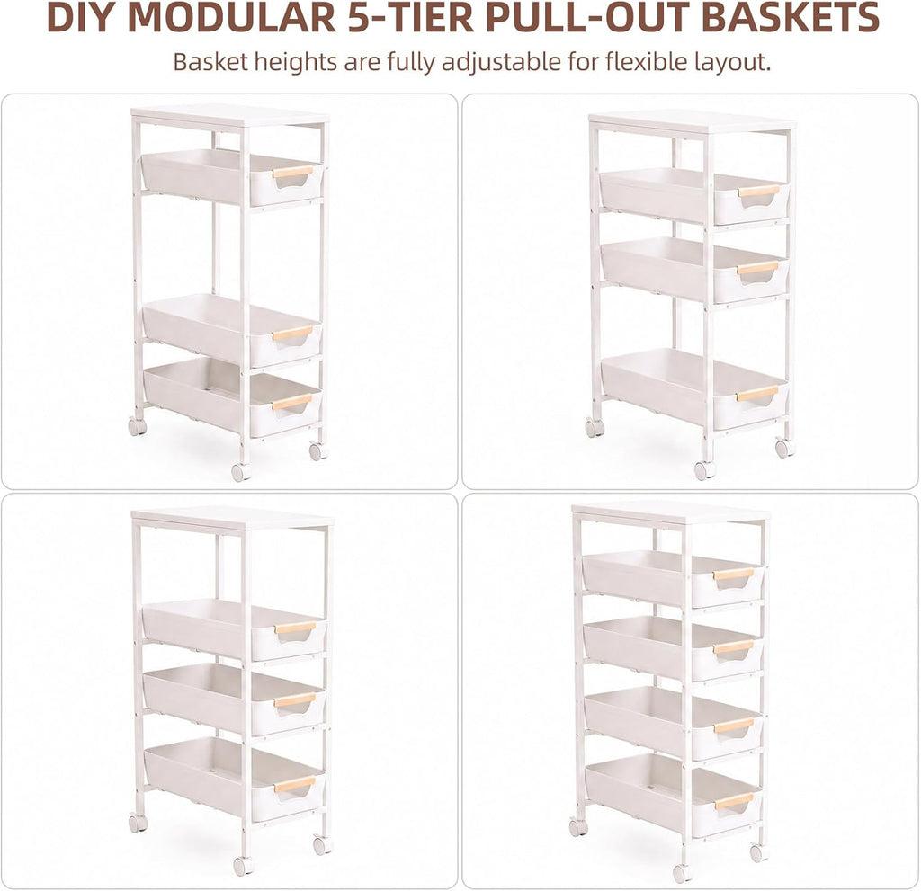 5-Tier Wood Top Cart Pull Out Drawers White