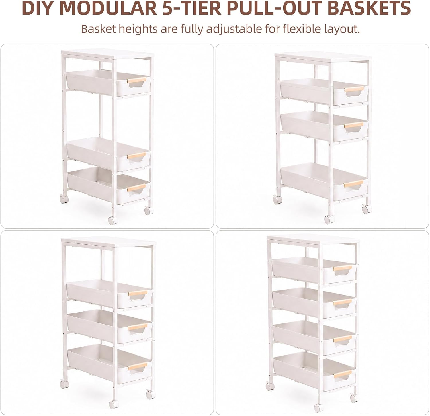 5-Tier Wood Top Cart Pull Out Drawers White