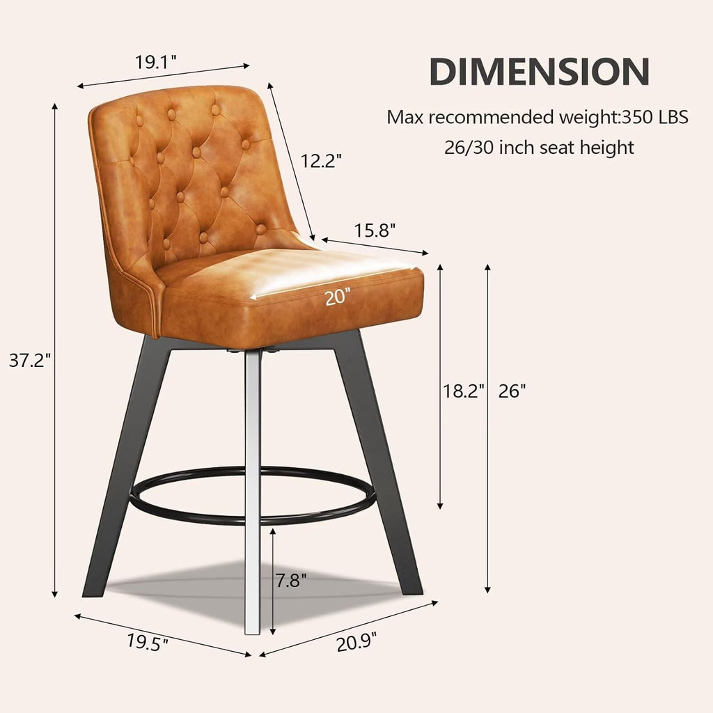 Brown Tufted Swivel Bar Stools Wood Legs Set 2