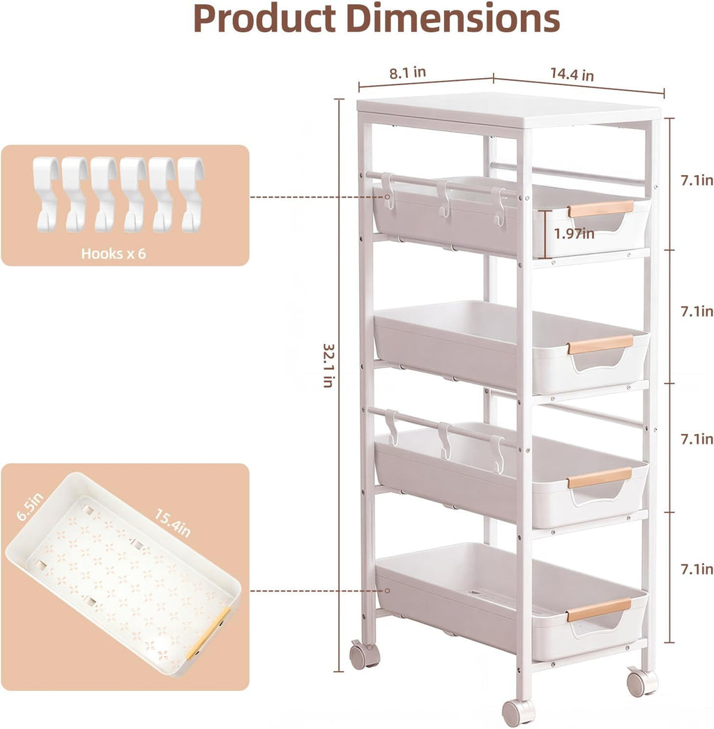 5-Tier Wood Top Cart Pull Out Drawers White