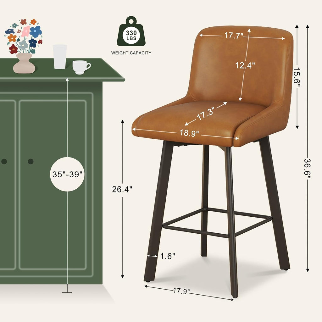 Faux Leather Swivel Bar Stools Metal Legs Brown Set 2