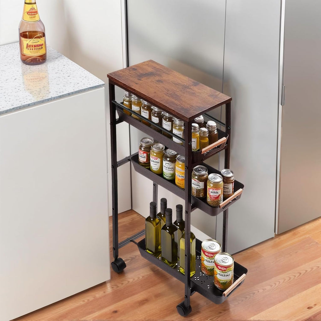 5-Tier Slim Wood Top Rolling Gap Storage Cart Black