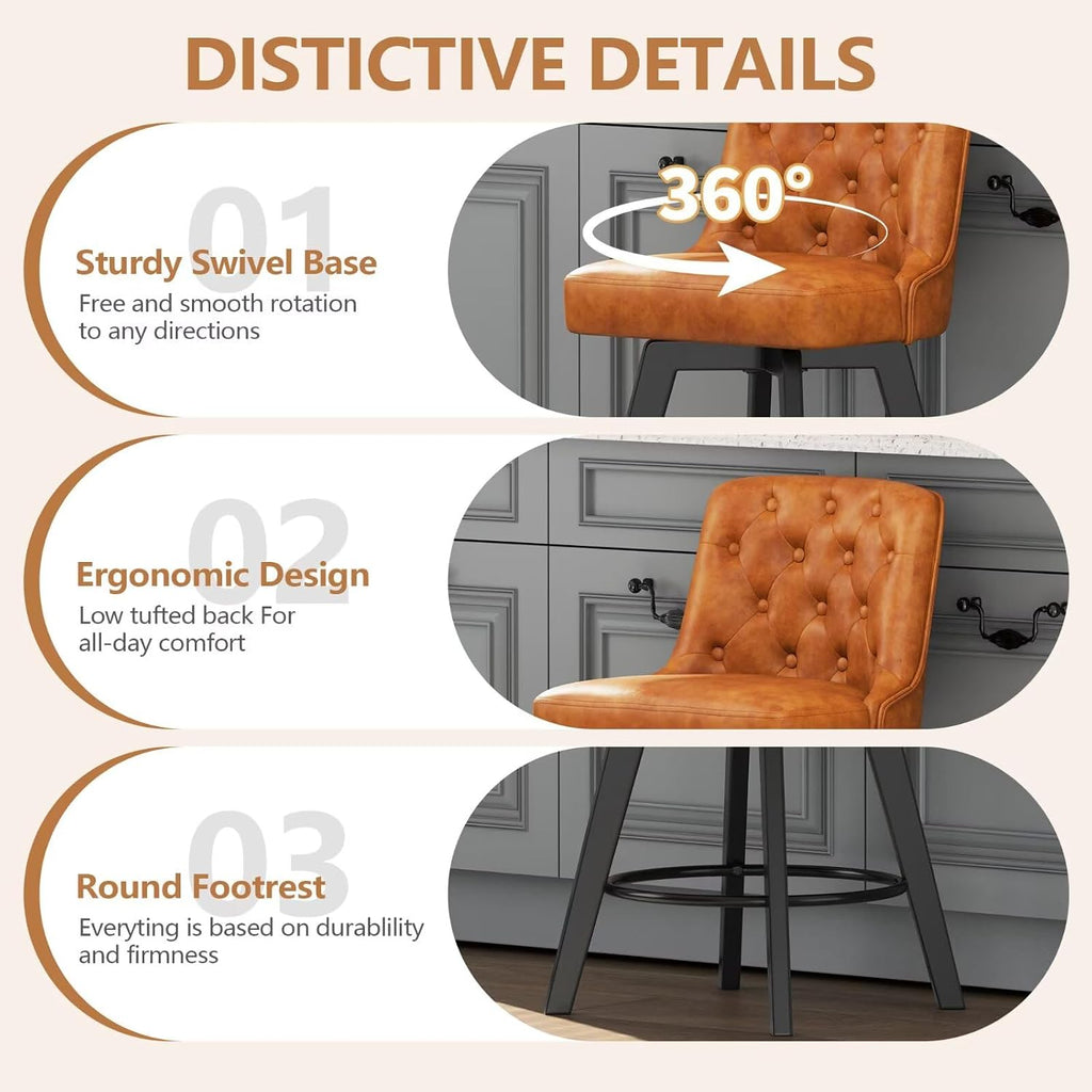 Brown Tufted Swivel Bar Stools Wood Legs Set 2