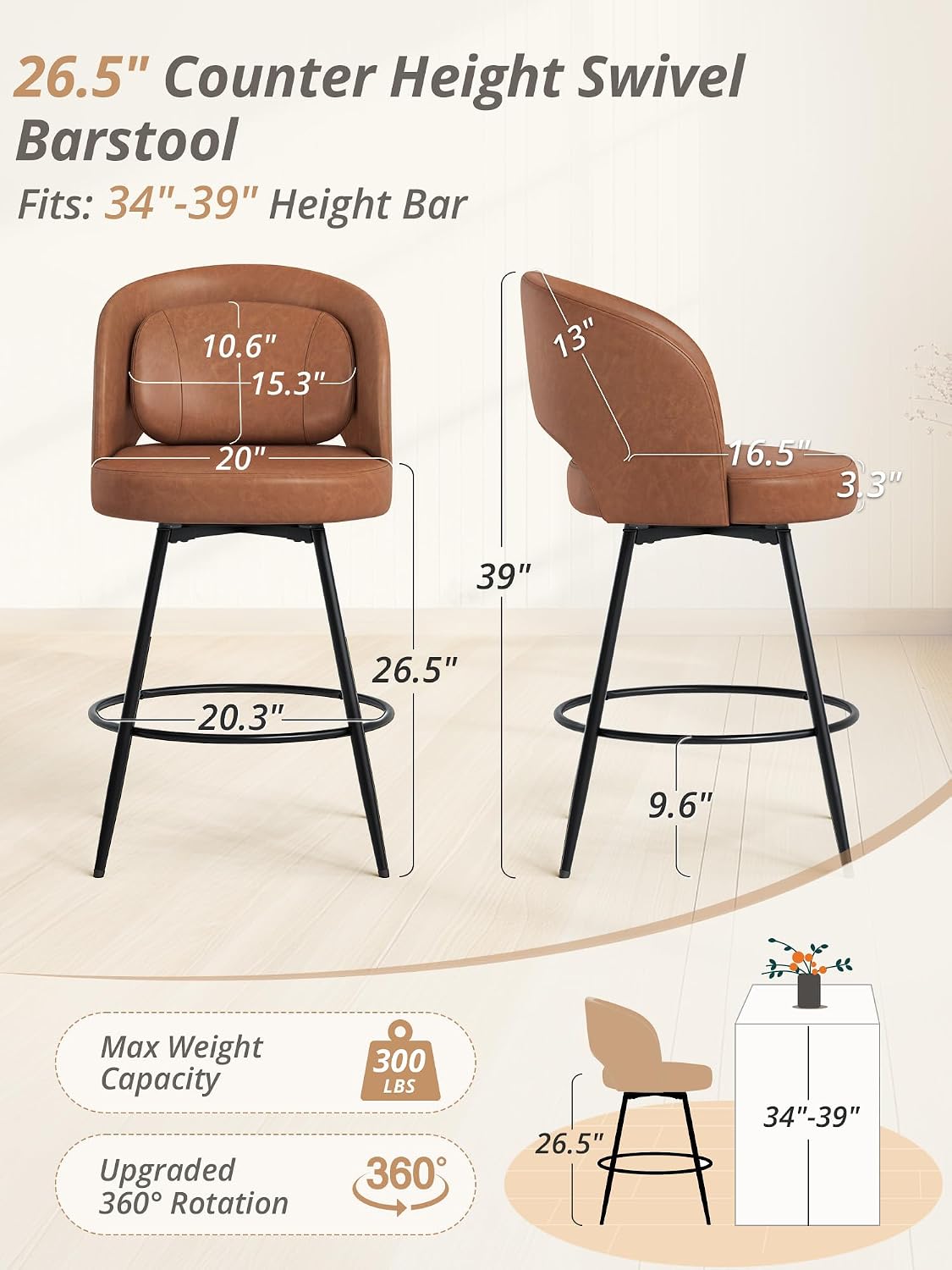 Brown Swivel Bar Stools Metal Frames Lumbar Pillow Set 3