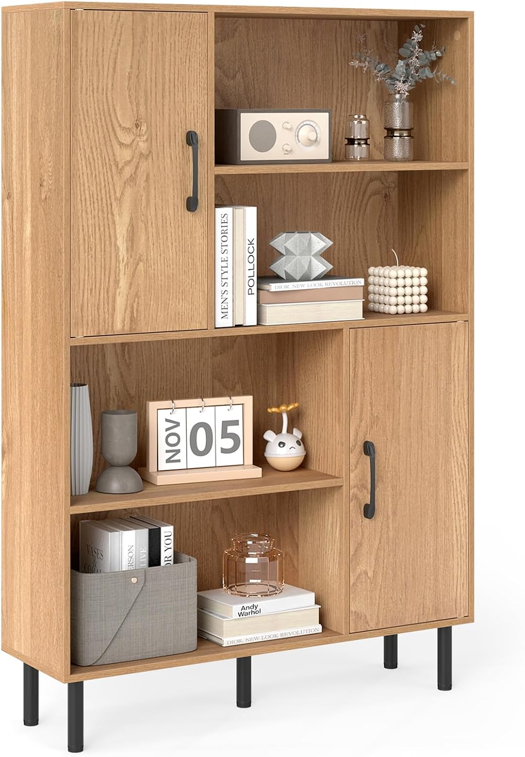 4-Tier Tall Sideboard Cabinet Doors Shelves Natural