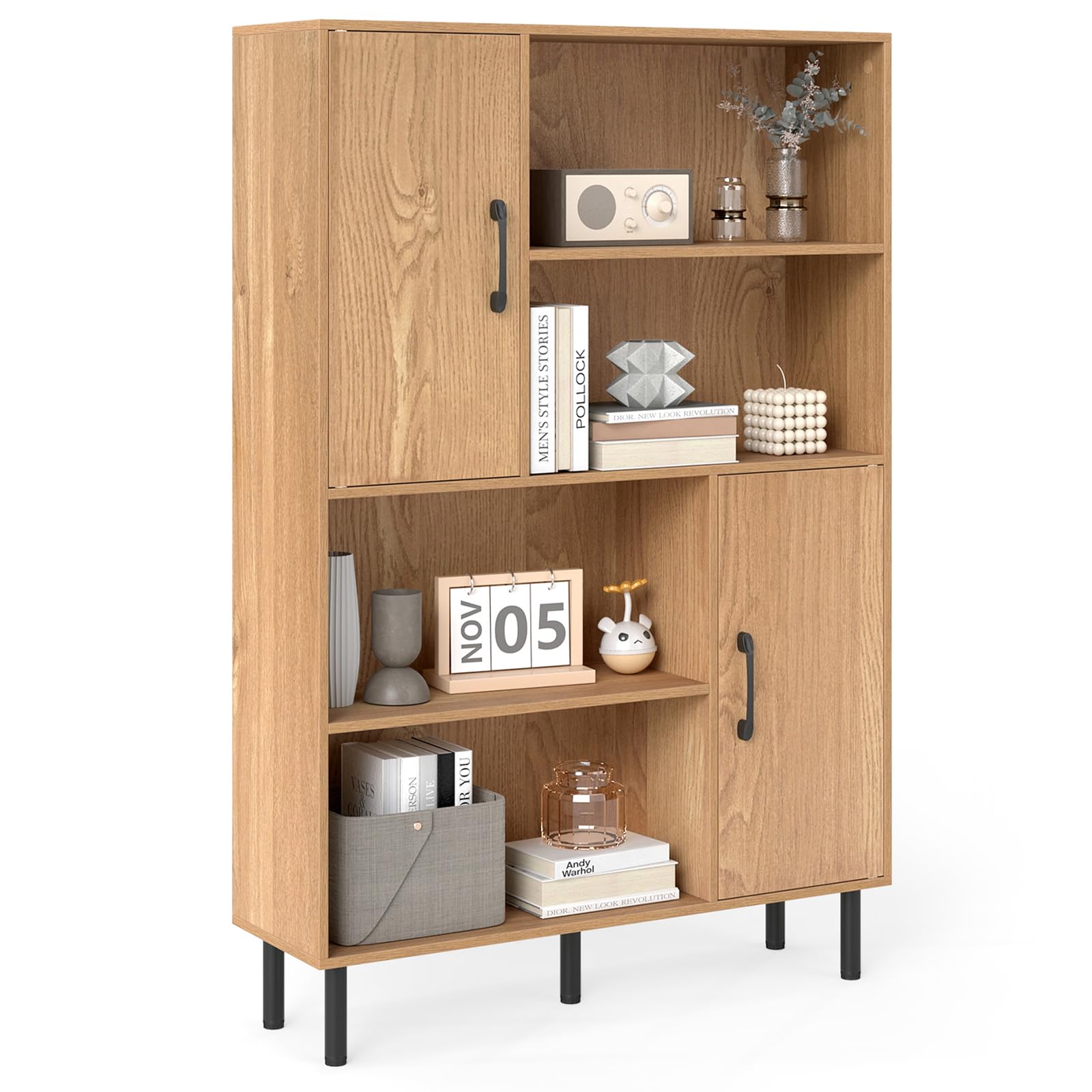 4-Tier Tall Sideboard Cabinet Doors Shelves Natural
