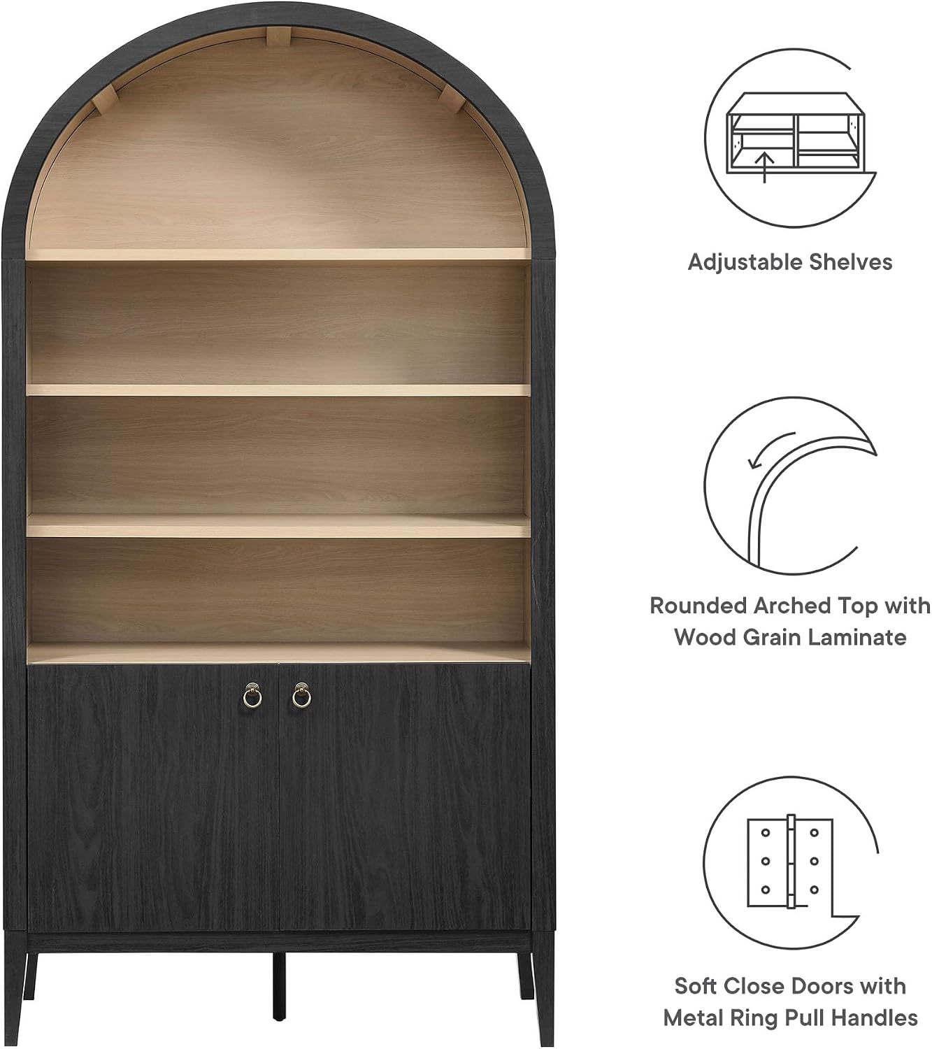 Tall Black Arched Display Storage Cabinet Bookshelf