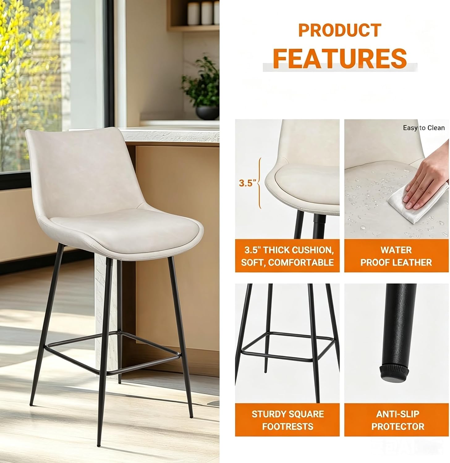 Beige Leather Bar Stools Metal Base Set of Three