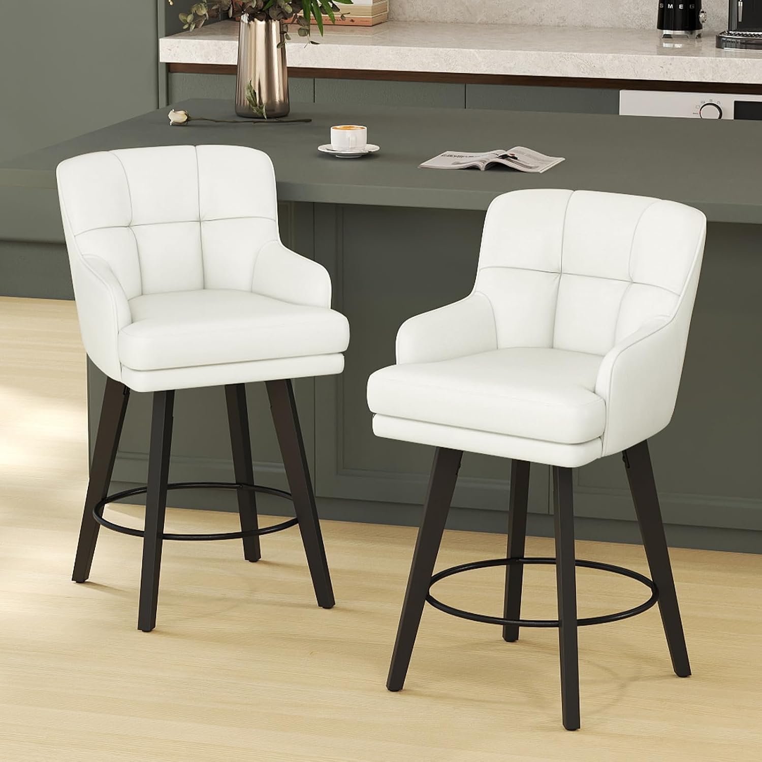 Beige Faux Leather Swivel Bar Stools Wood Legs Set 2