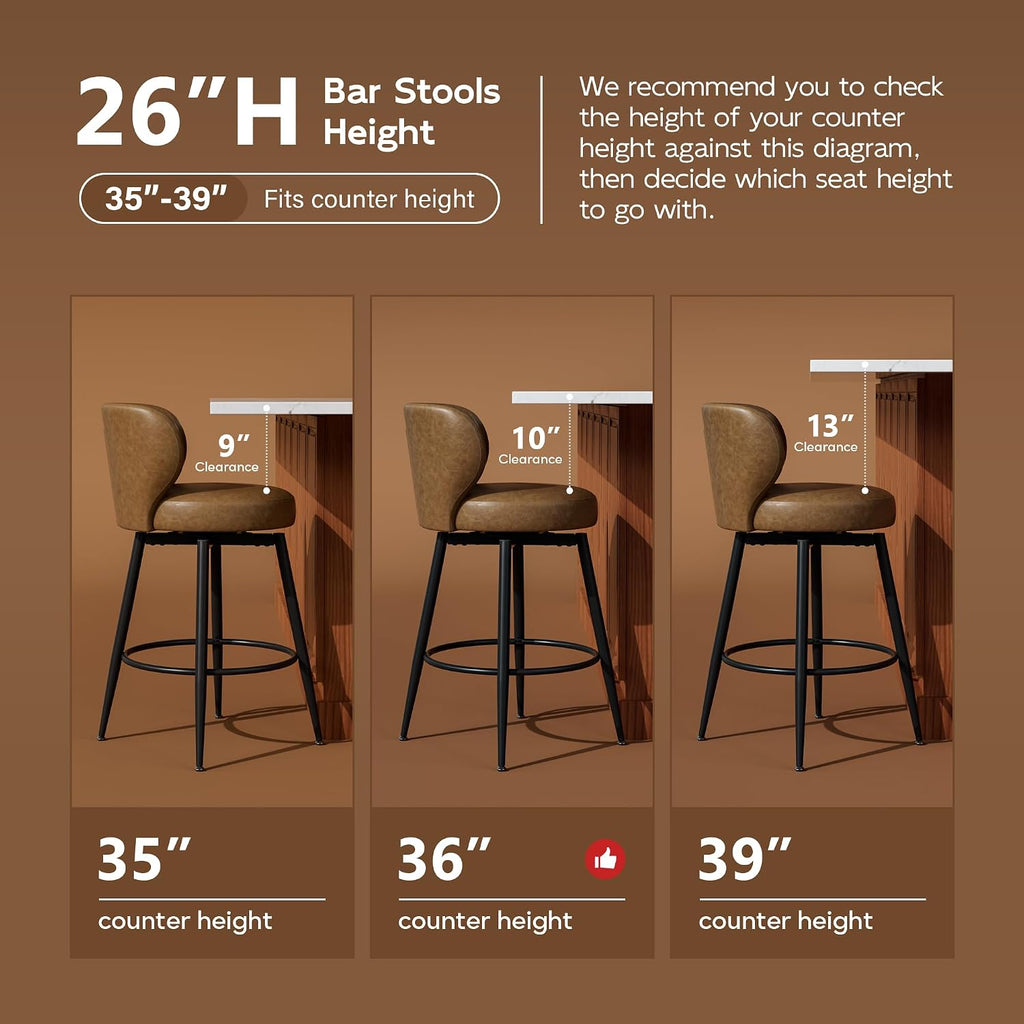Swivel Brown Bar Stools Cushioned Winged Back Set 4