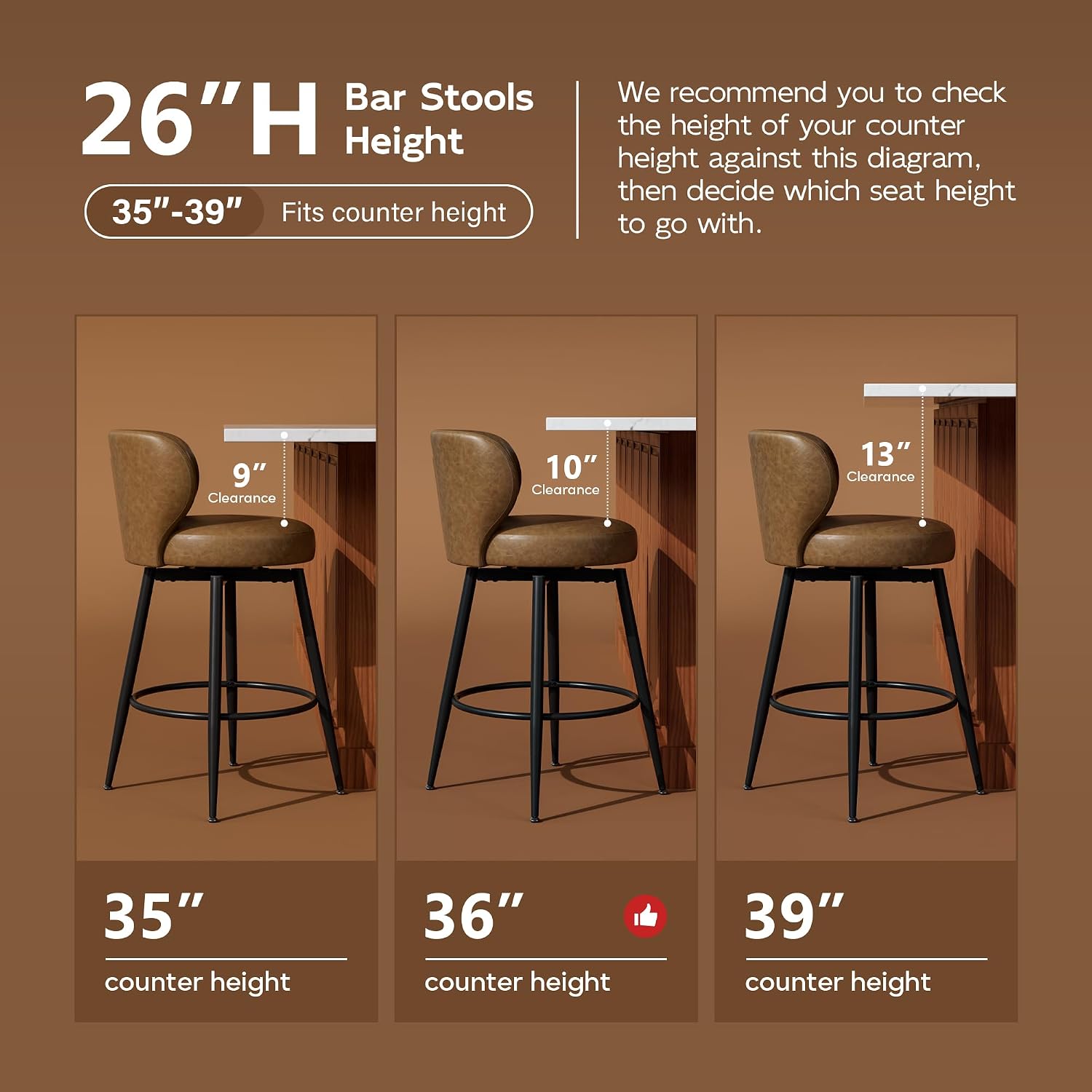 Swivel Brown Bar Stools Cushioned Winged Back Set 4
