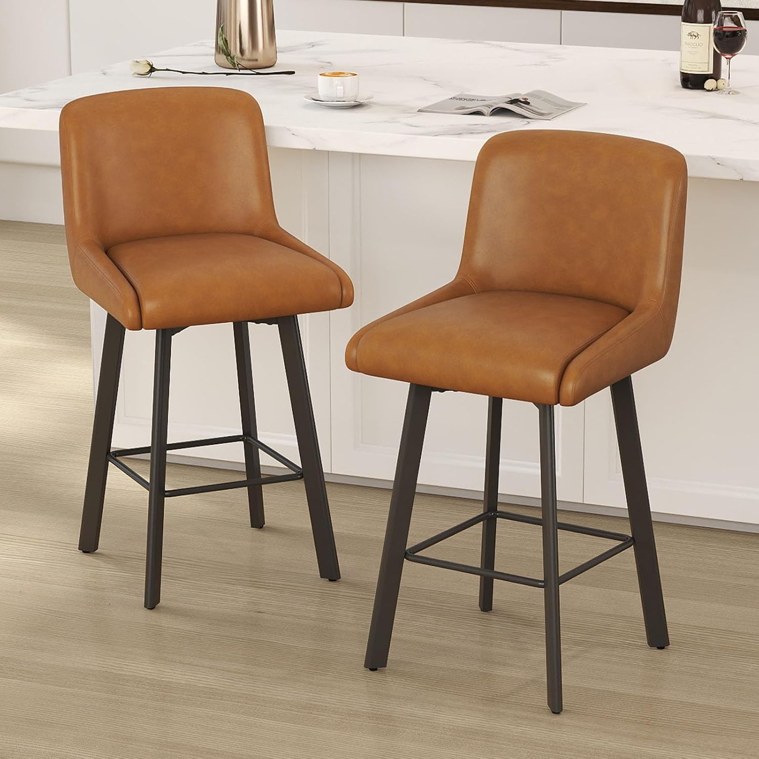 Faux Leather Swivel Bar Stools Metal Legs Brown Set 2