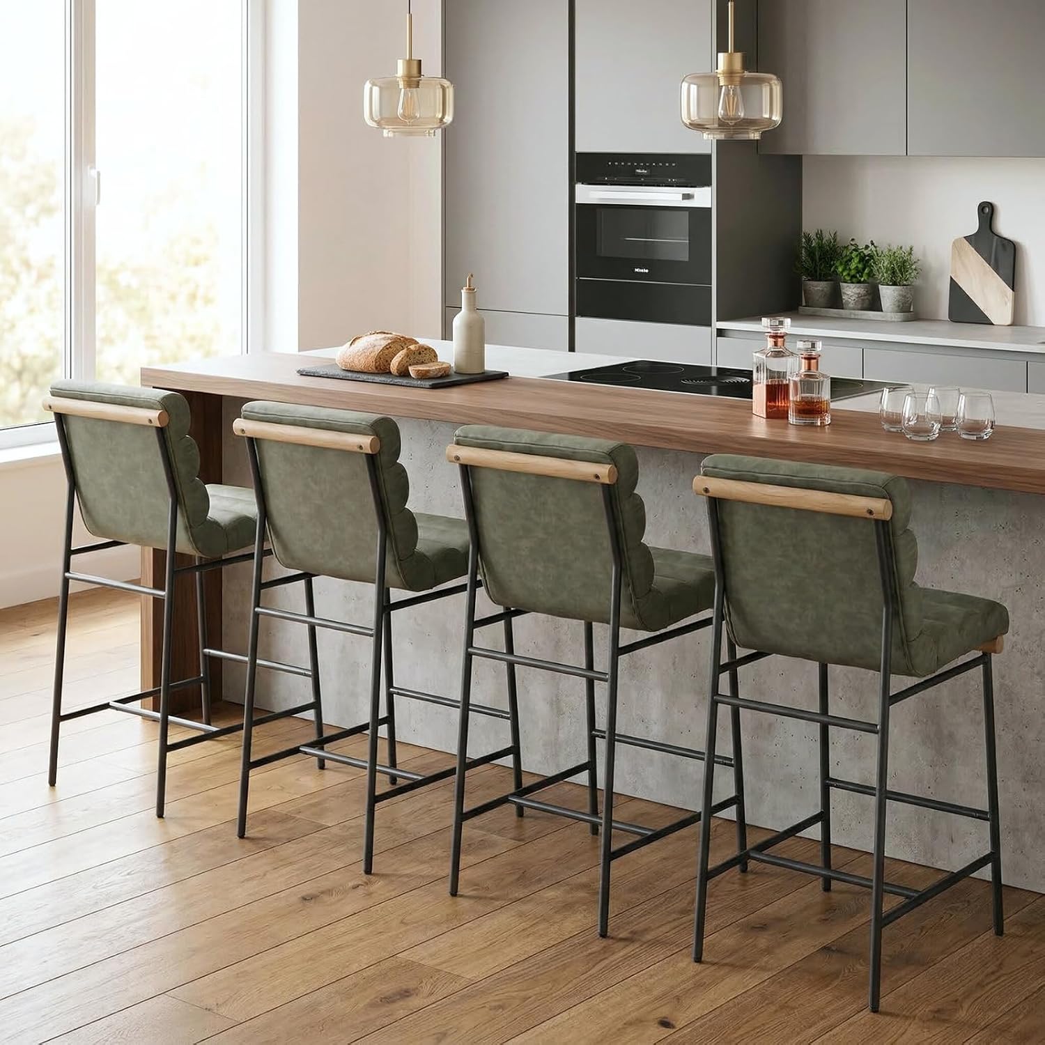 Green Tufted Bar Stools Black Metal Frames Set 4