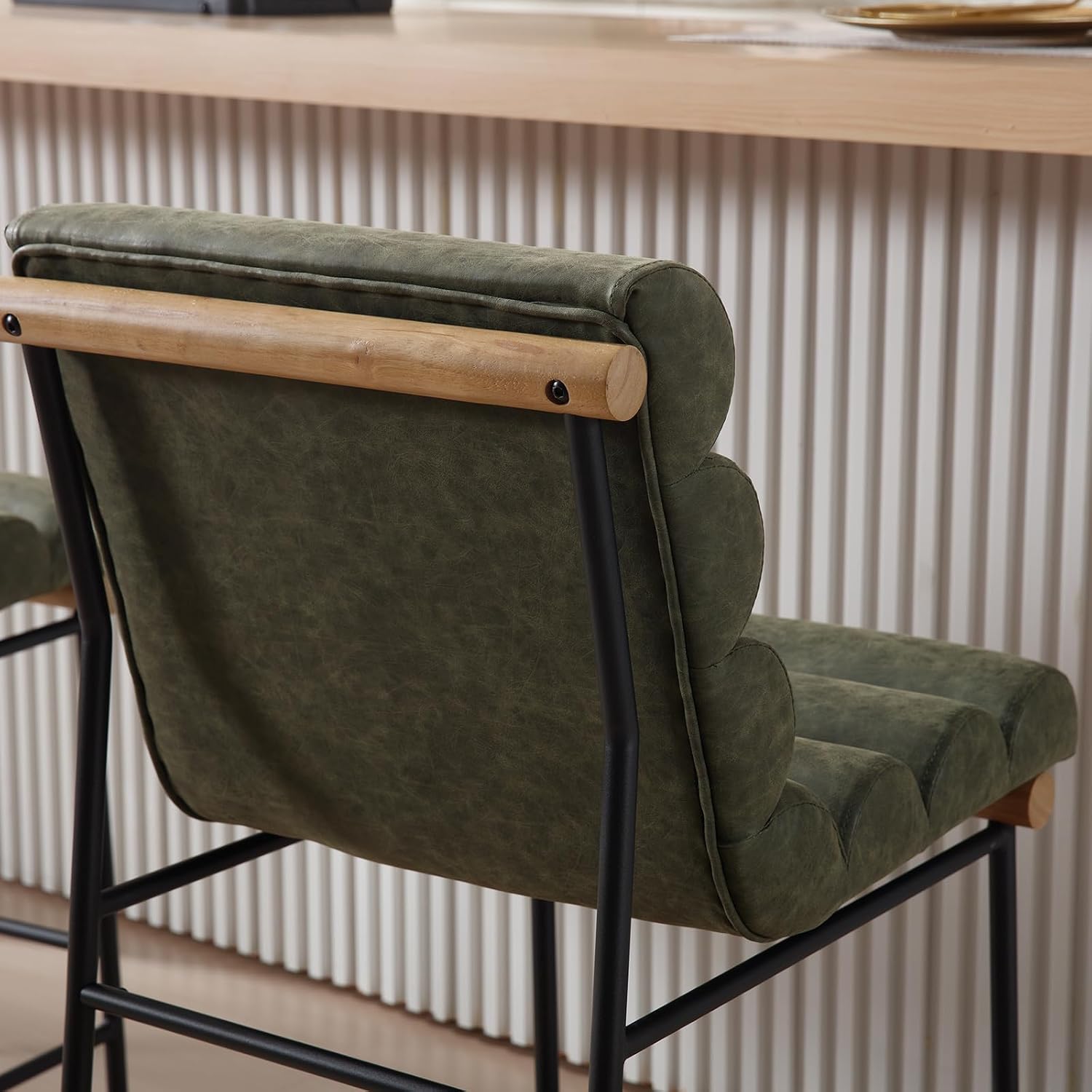 Green Tufted Bar Stools Black Metal Frames Set 4