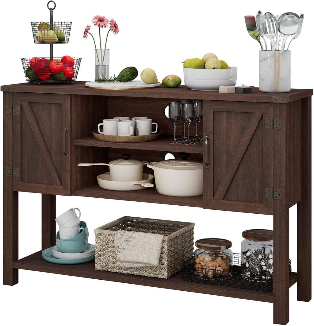 Farmhouse Wood Sideboard Cabinets Open Shelves Brown