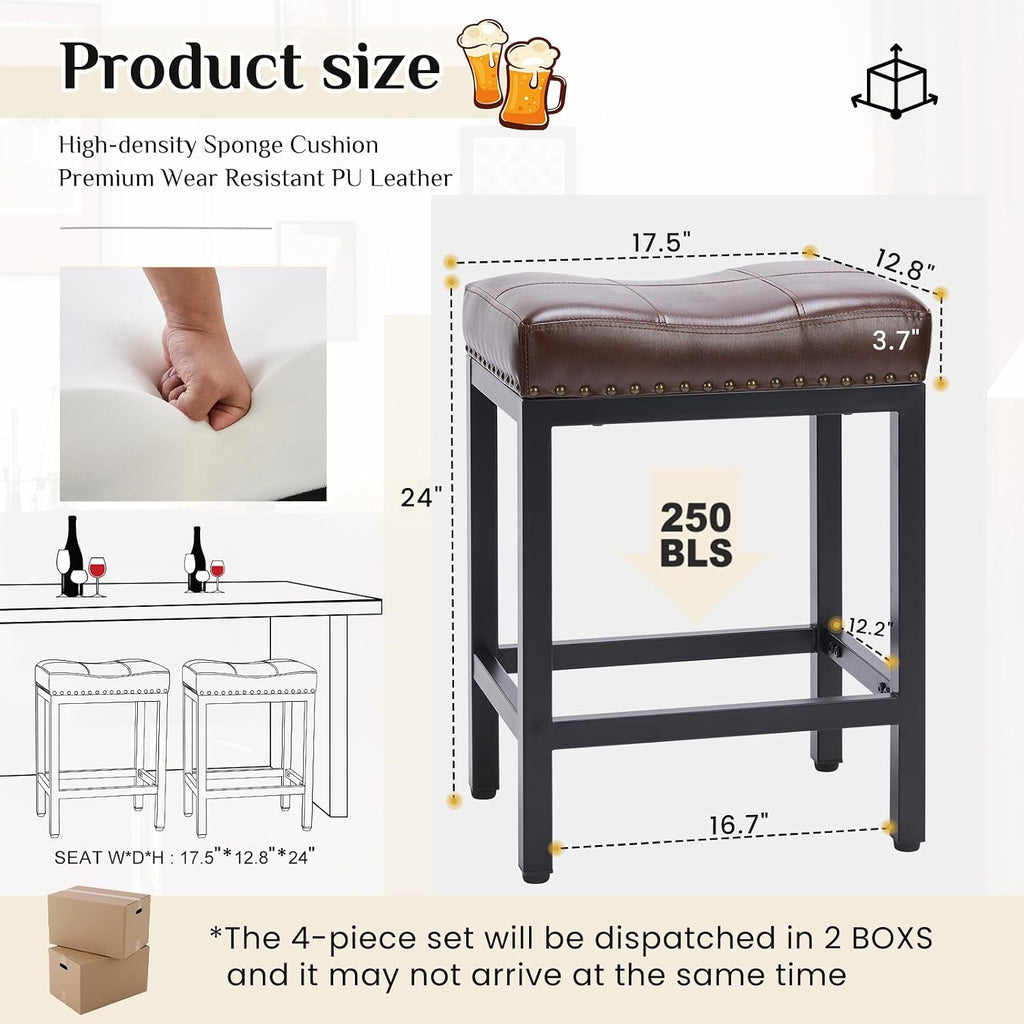 Brown PU Leather Saddle Bar Stools Metal Base Set 2