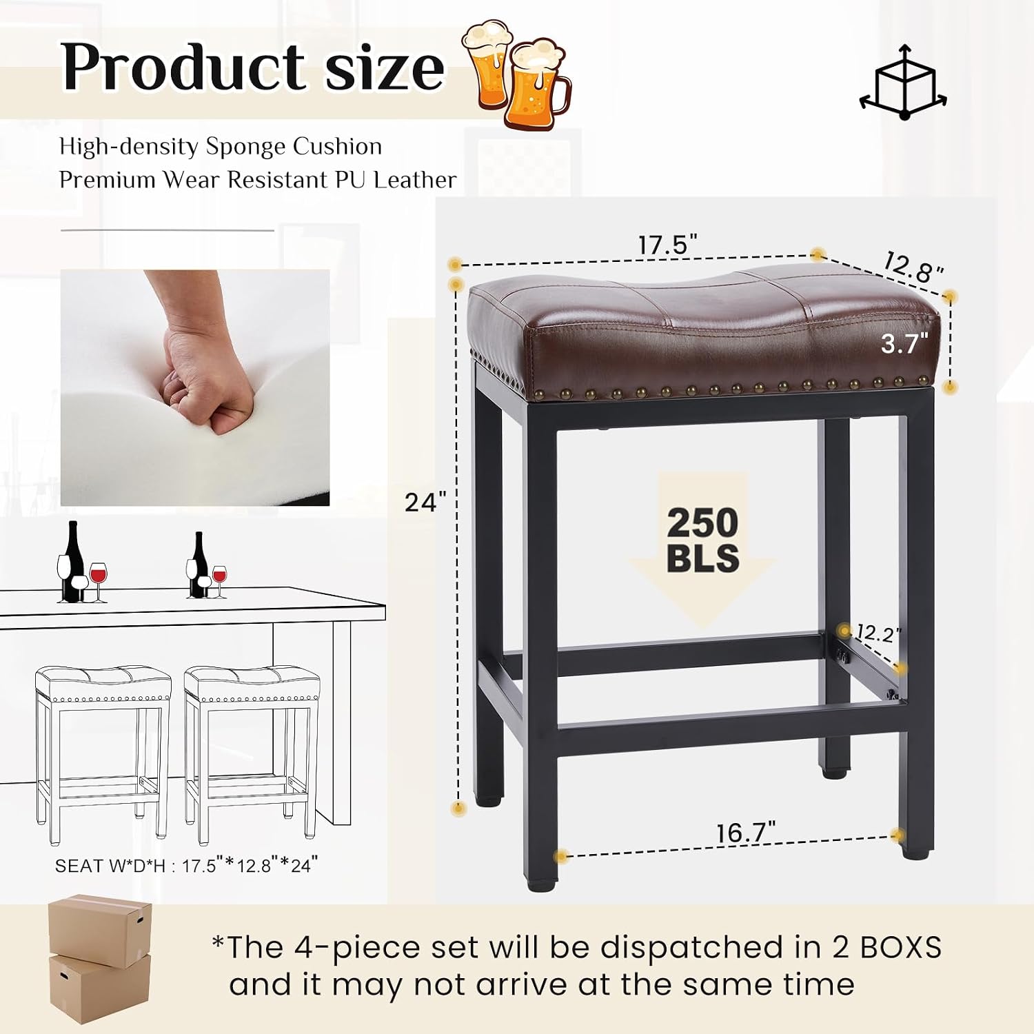 Brown PU Leather Saddle Bar Stools Metal Base Set 2