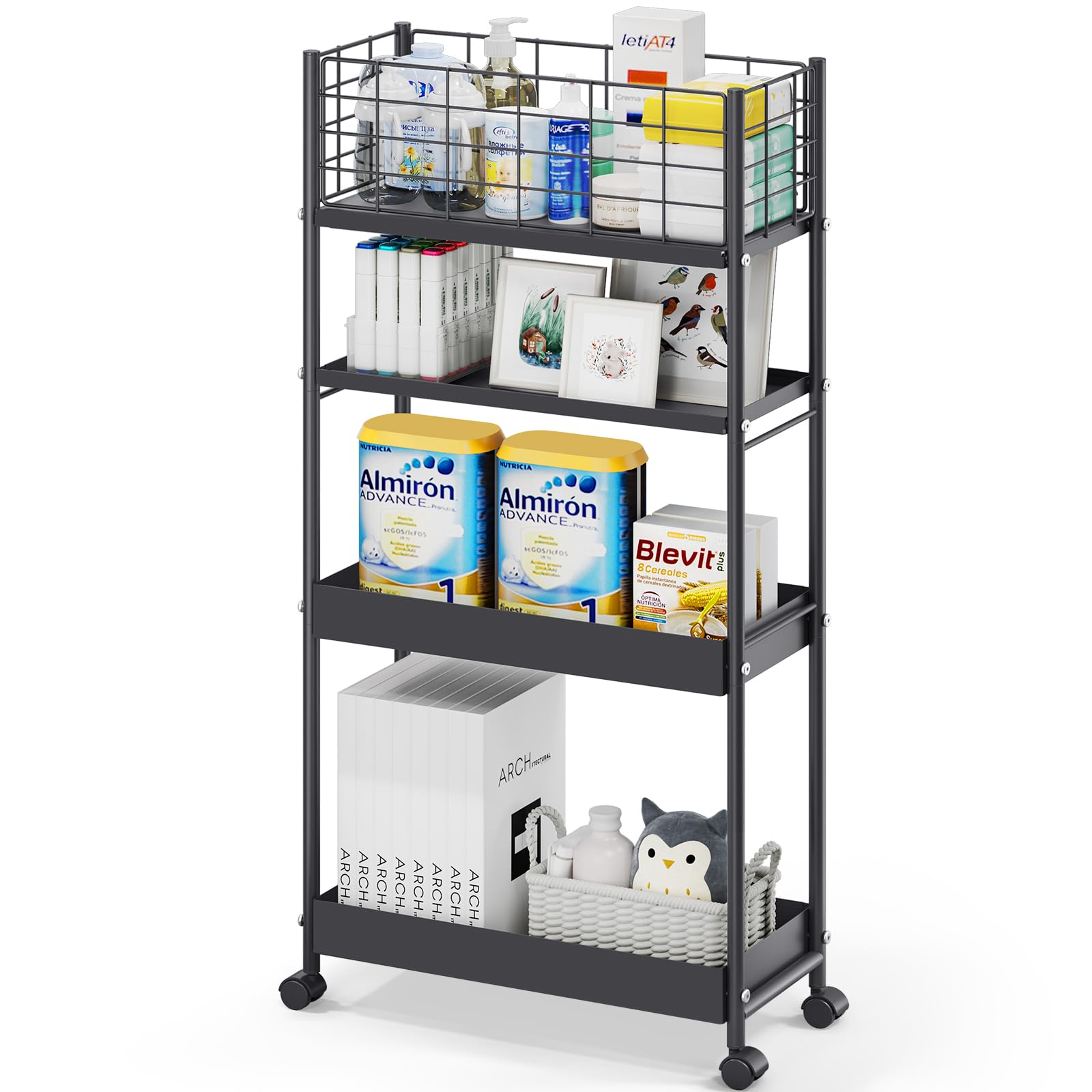 4-Tier Narrow Rolling Metal Storage Organizer Cart