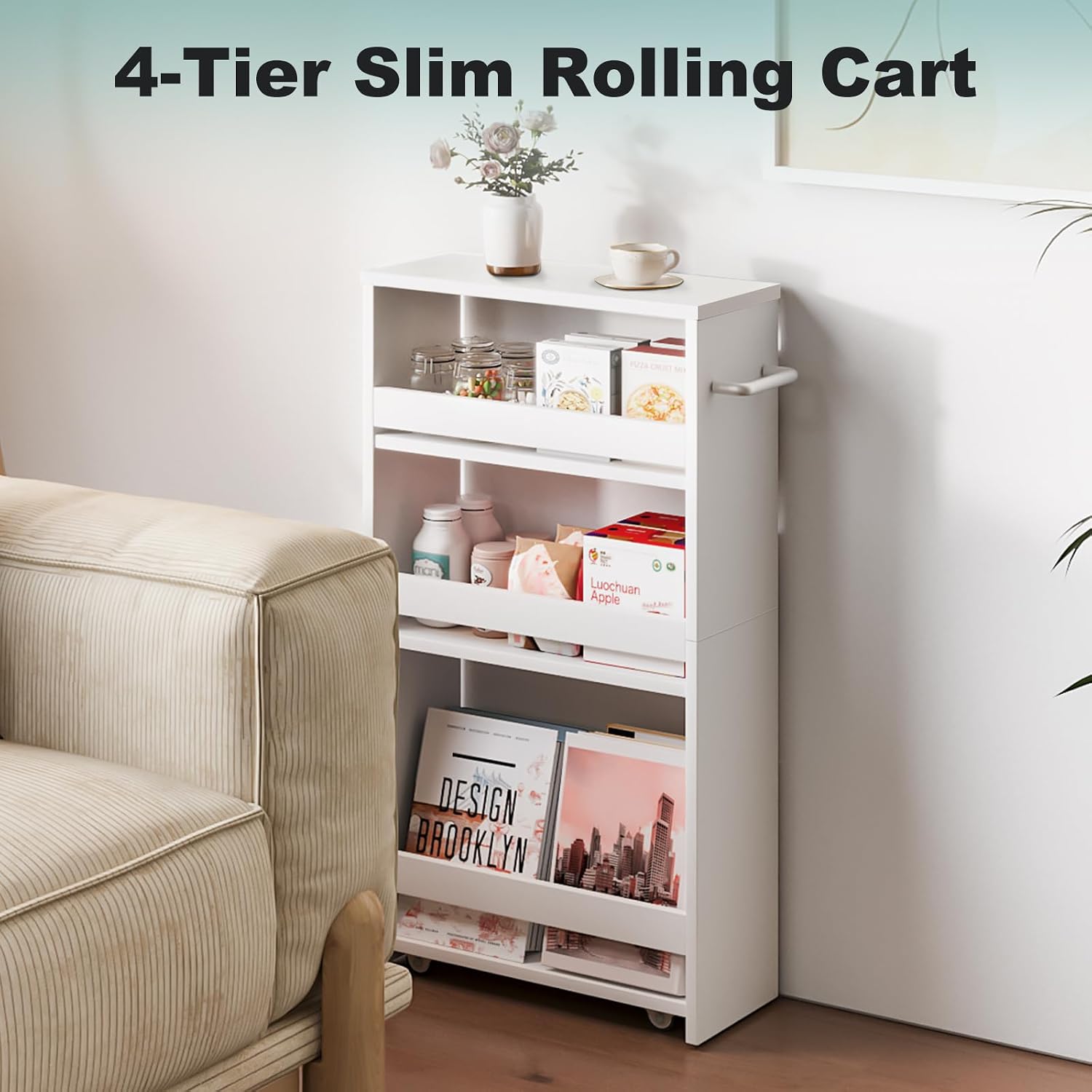 4-Tier Slim Rolling Storage Cart with Handle