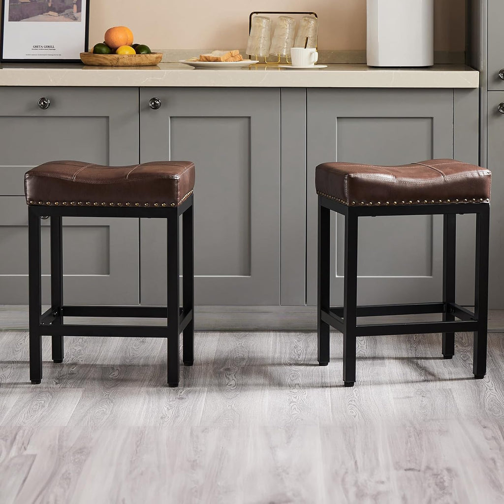 Brown PU Leather Saddle Bar Stools Metal Base Set 2