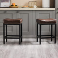 Brown PU Leather Saddle Bar Stools Metal Base Set 2