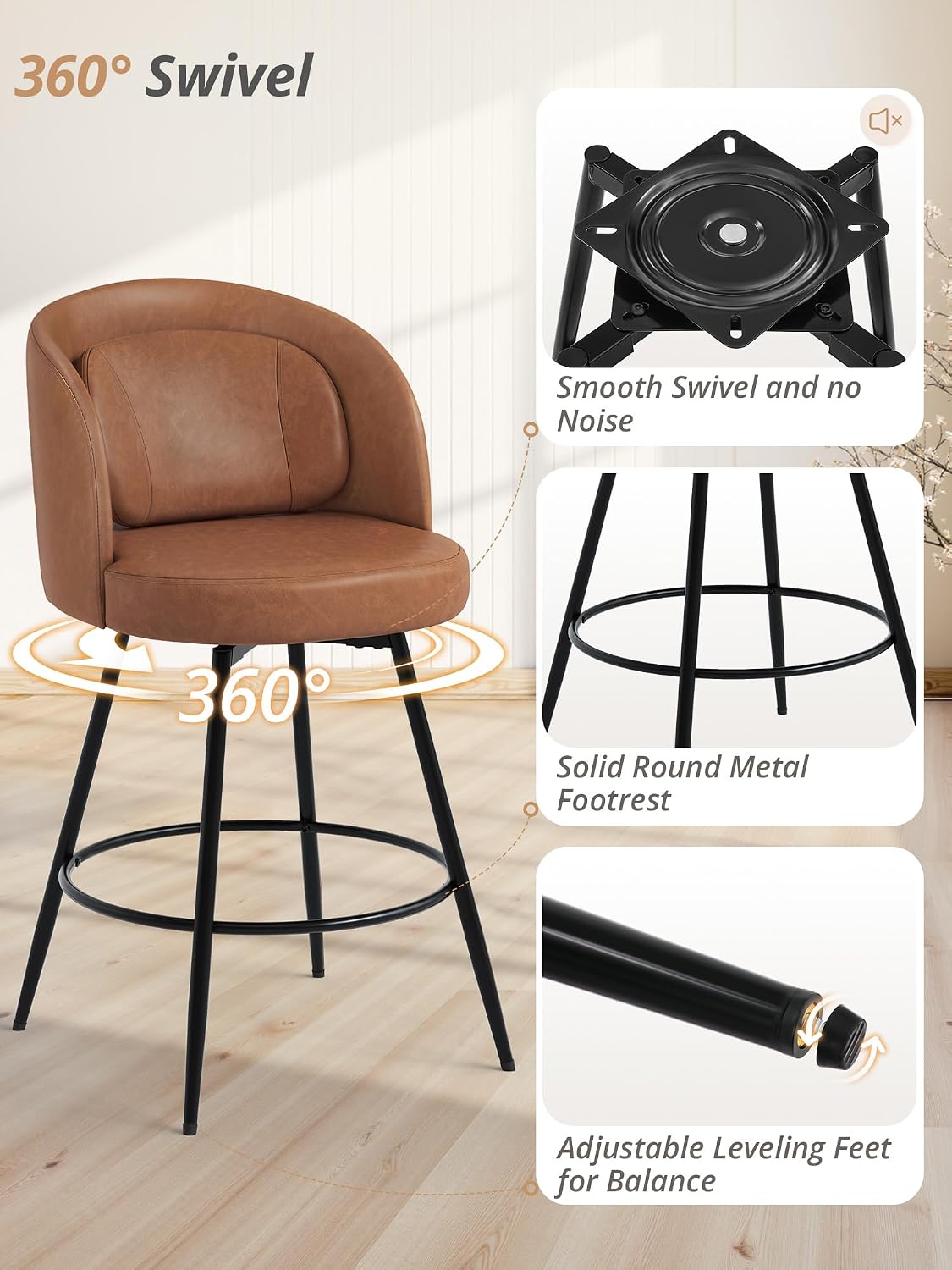Brown Swivel Bar Stools Metal Frames Lumbar Pillow Set 3