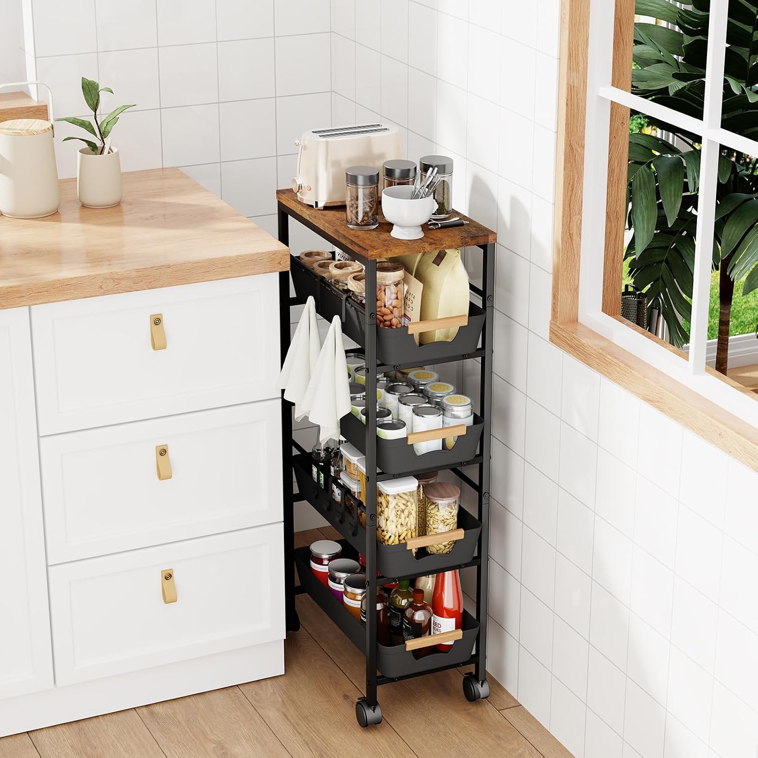 5-Tier Wood Top Cart Pull Out Baskets Black