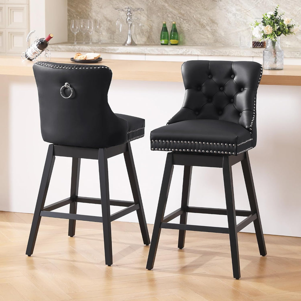 Black Tufted Swivel Bar Stools Wood Legs Set 2