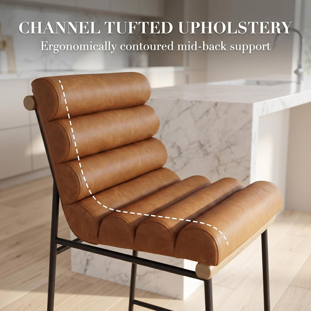 Brown Tufted Bar Stools Metal Legs Set of Two