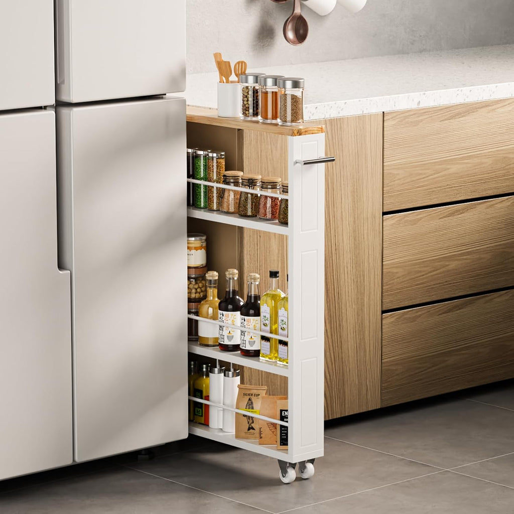 4-Tier Slim Rolling Cart Handle White Narrow Space