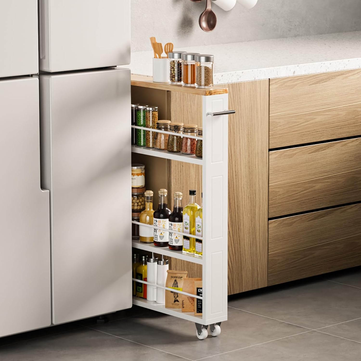 4-Tier Slim Rolling Cart Handle White Narrow Space