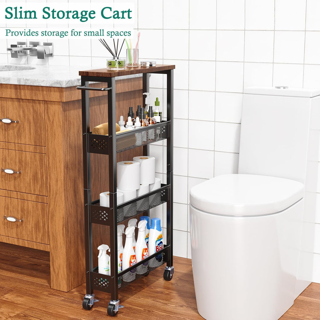 Narrow 4-Tier Rolling Storage Cart with Wood Top