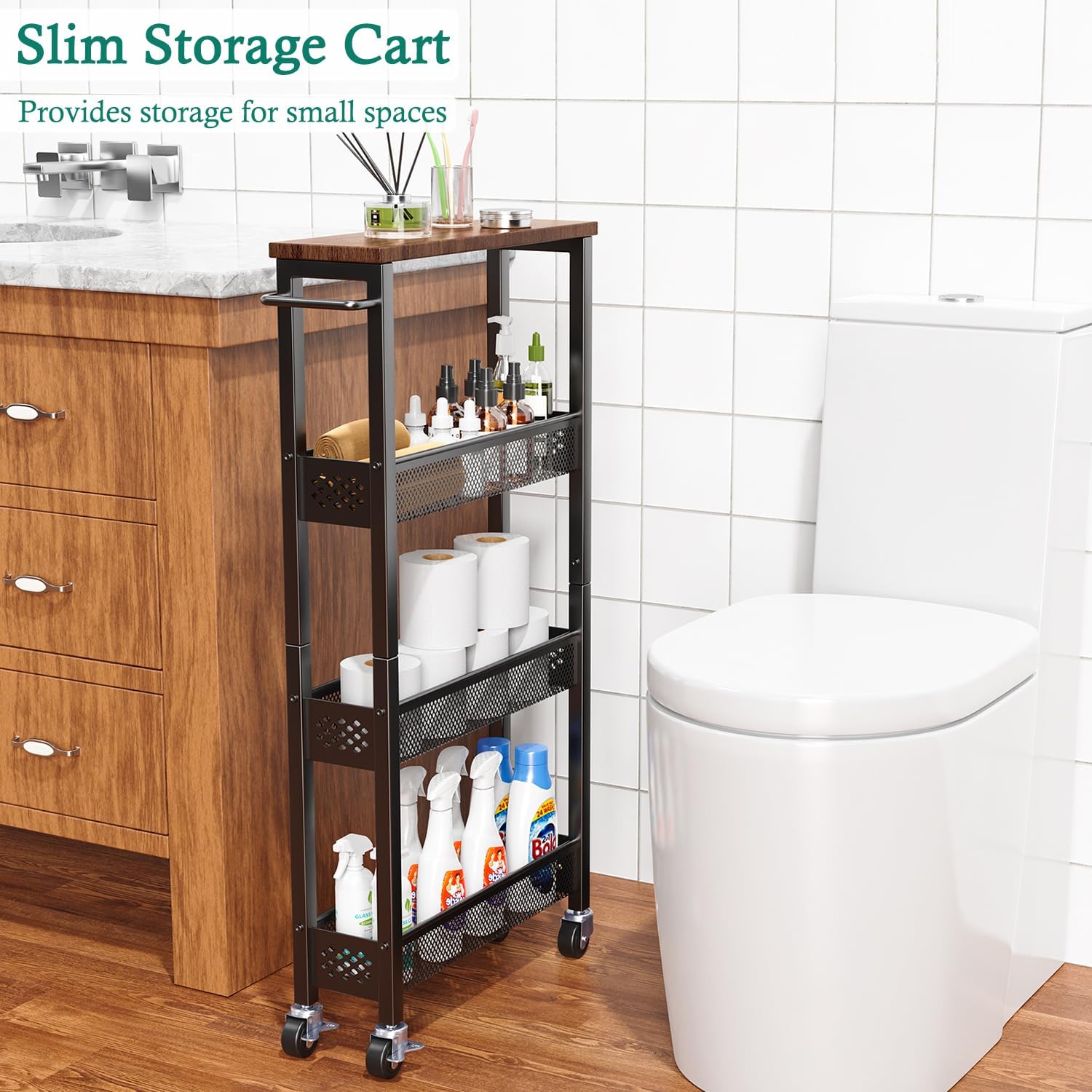 Narrow 4-Tier Rolling Storage Cart with Wood Top