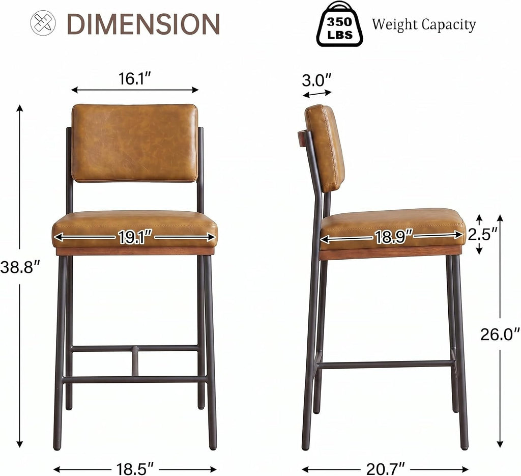 Brown Leather Bar Stools Wide Back Metal Legs Set 2
