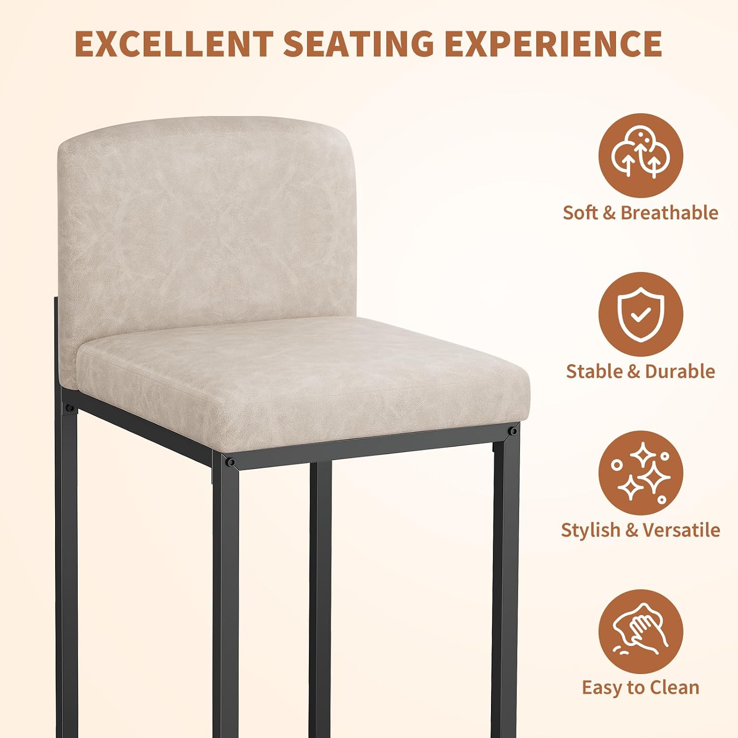 Beige Leather Bar Stools Back Footrest Set of Four