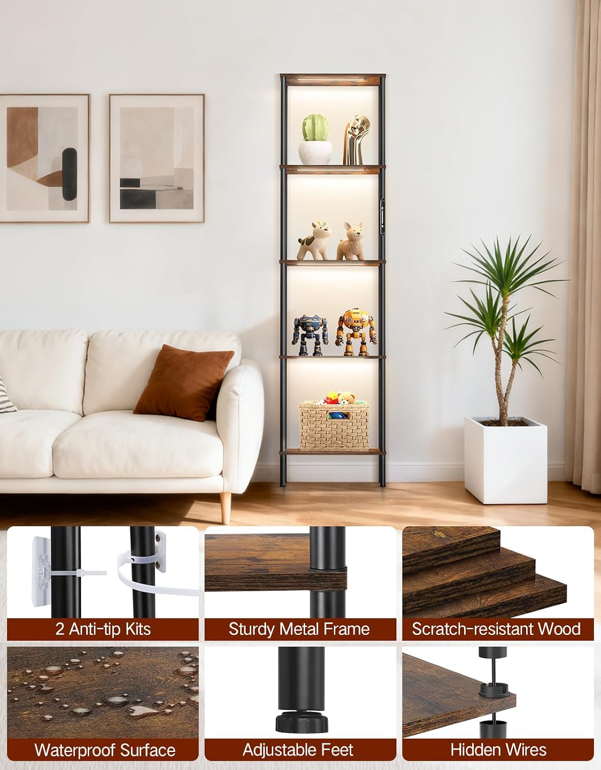 Tall Display Shelves LED Lights Dimmable Remote