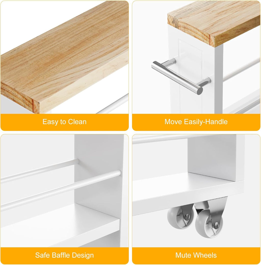 4-Tier Slim Rolling Cart Handle White Narrow Space
