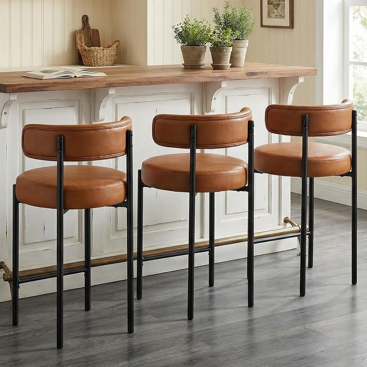 Brown Vegan Leather Bar Stools With Backs Set 3
