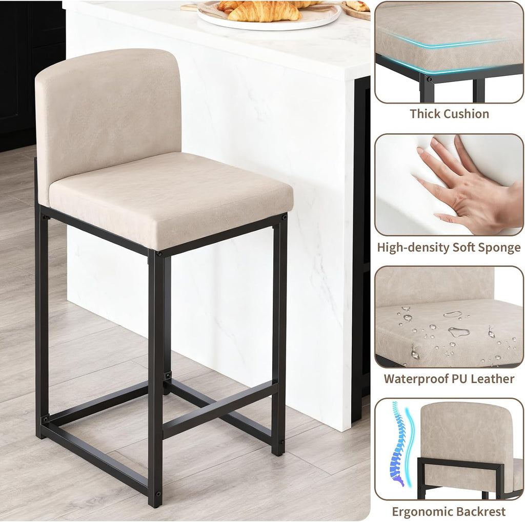 Beige Leather Bar Stools Back Footrest Set of Four