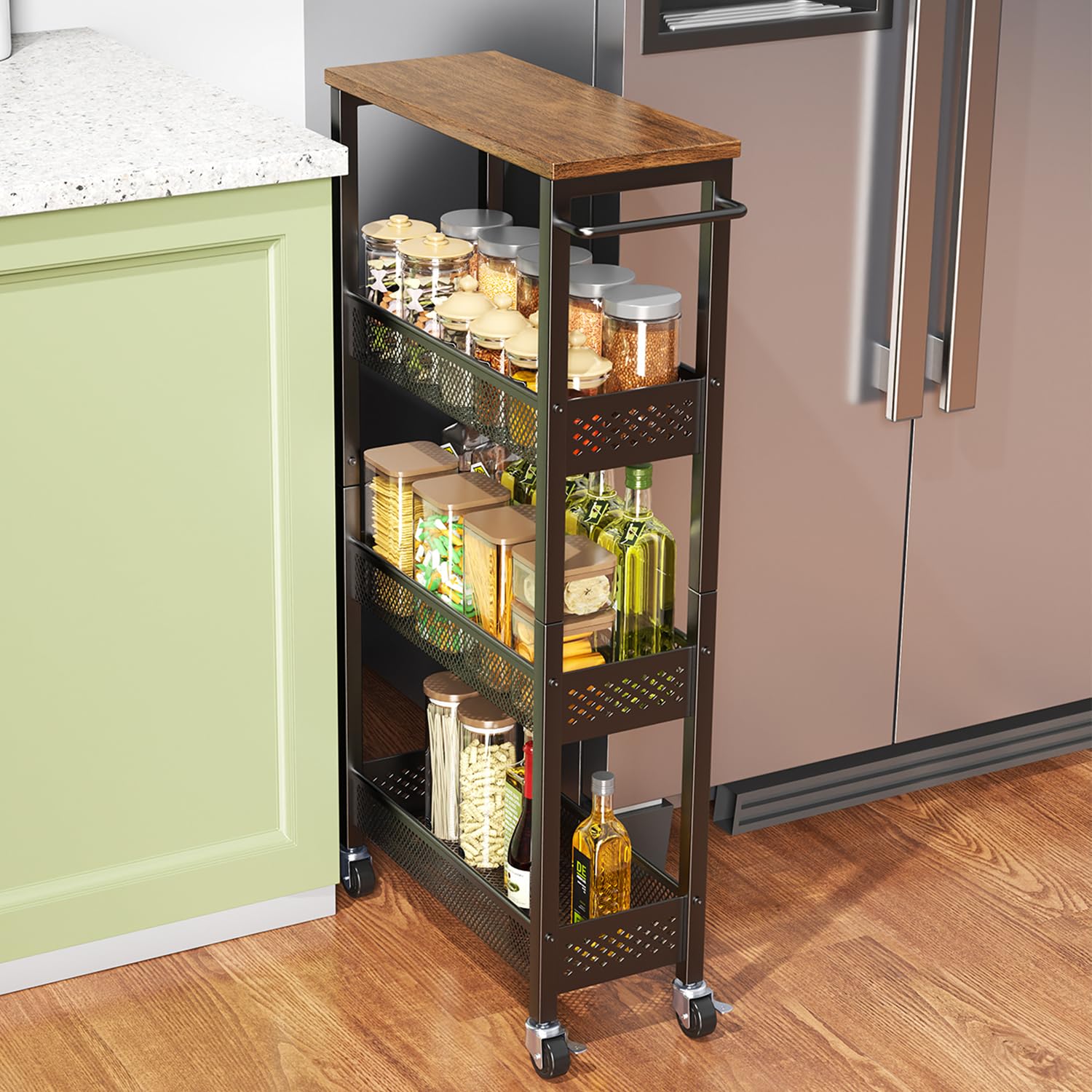 Narrow 4-Tier Rolling Storage Cart with Wood Top