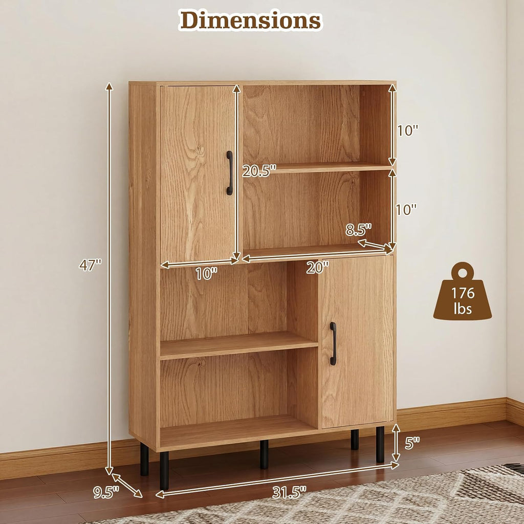 4-Tier Tall Sideboard Cabinet Doors Shelves Natural